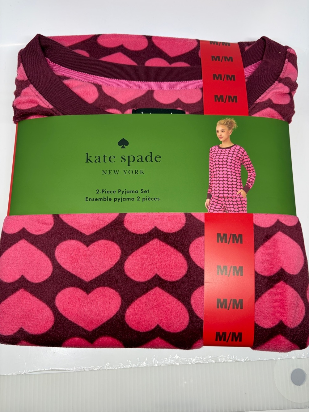 kate spade Heart-Print Pajama Set in Pink and Burgundy